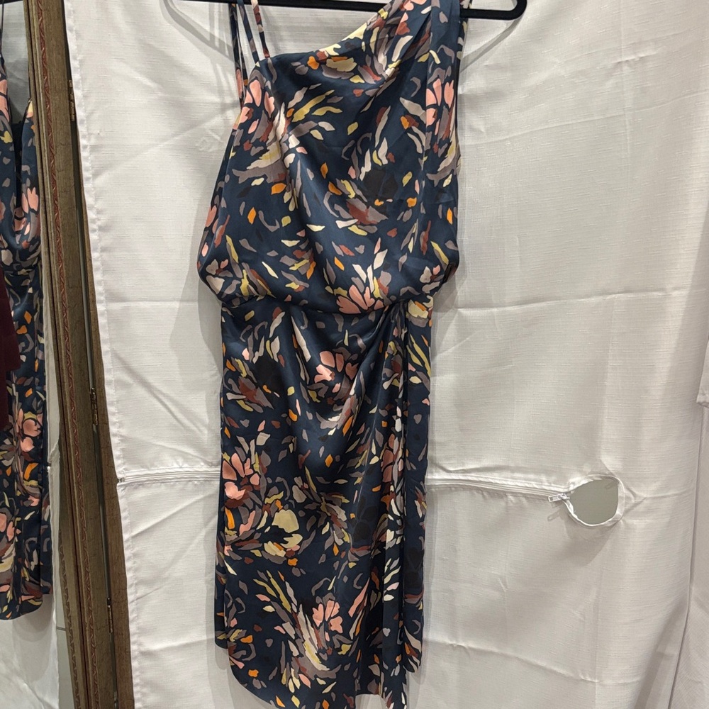 Reiss Navy Floral One-Shoulder Dress